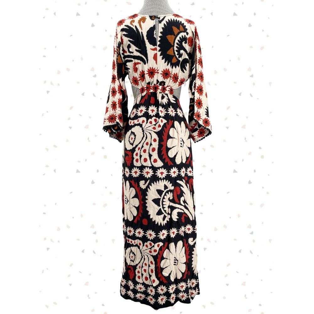 Farm Rio Maxi Dress Red White Black Medallion Long Sleeve V Neck Size XS / P - Picture 4 of 13